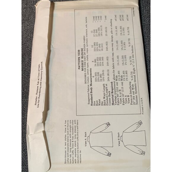 Kwik Sew Misses Shirt Sewing Pattern sz 6-12 1039 - uncut - Picture 3 of 3